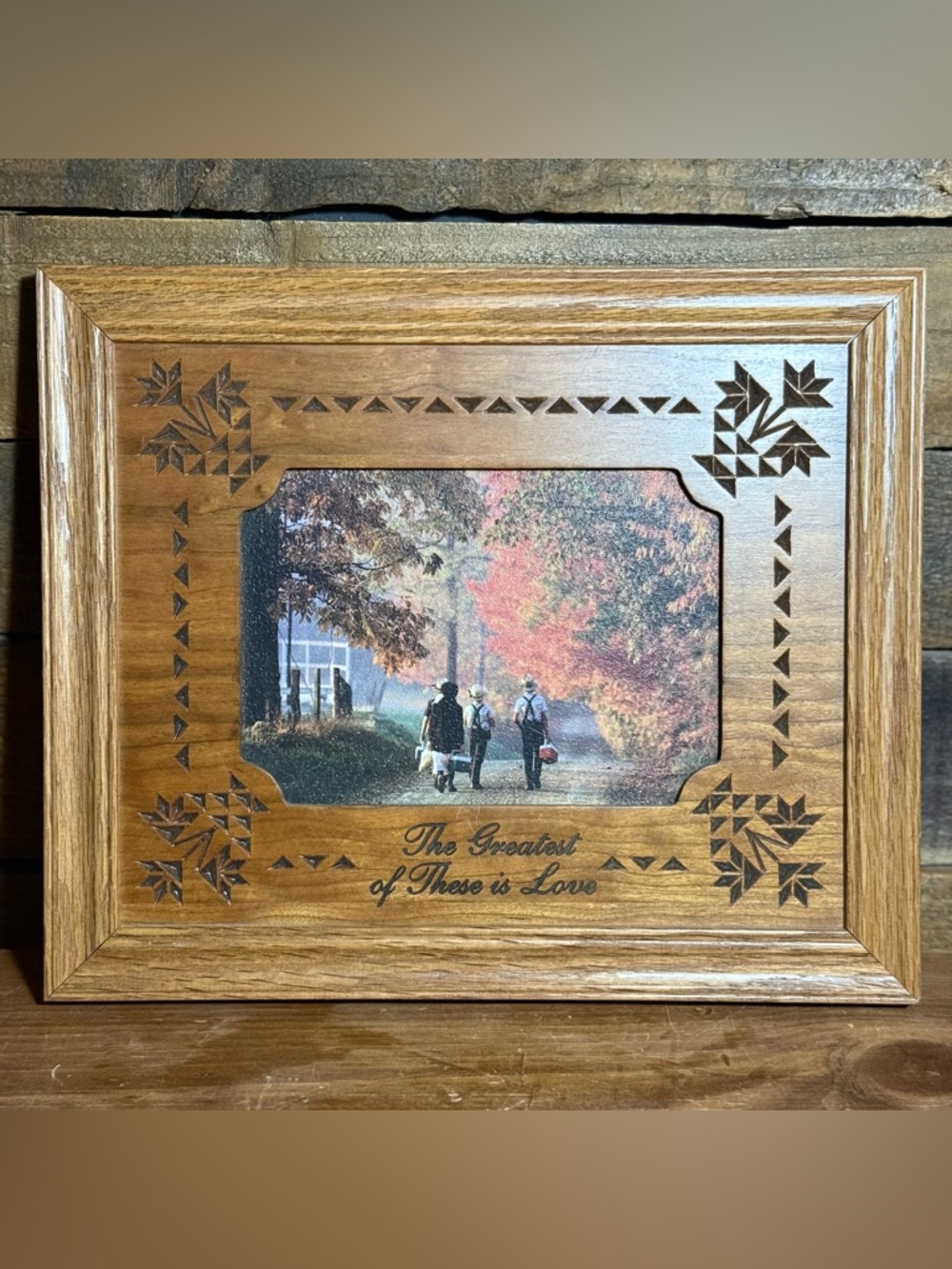 Amish Print in Carved Frame 10.25 x12.25 Engrave "The Greatest of these is Love"